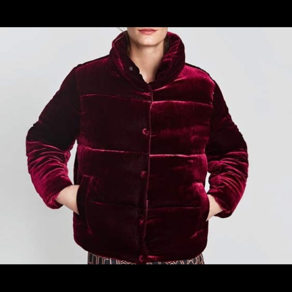Zara Woman Red Velvet Puffer Jacket - Size XS